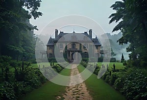 An ancient beautiful house in the early morning with fog in the middle of a dense forest, Free space for text, basis for design