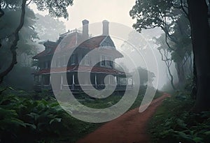 An ancient beautiful house in the early morning with fog in the middle of a dense forest, Free space for text, basis for design