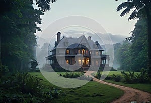 An ancient beautiful house in the early morning with fog in the middle of a dense forest, Free space for text, basis for design