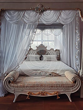 Ancient bedroom furniture style, medieval king bed, near the window, white curtains canopy and gold details. Close up background
