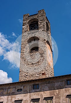 Ancient bell tower of the church in Bergamo Alta. Bergamo, Italy