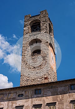 Ancient bell tower of the church in Bergamo Alta. Bergamo, Italy photo