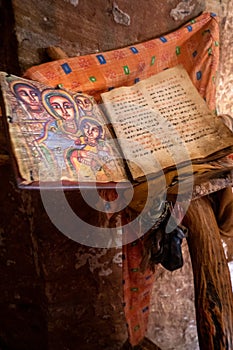 Ancient bible written on animal skin in monolithic church Abuna Yemata Guh in Tigray Region, Ethiopia