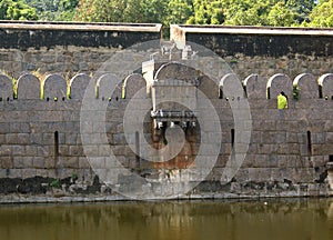 Ancient big ornamental wall of vellore fort with trees