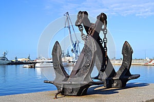 Ancient Anchors on the embankment of the Gulf of Finland in Kronstadt