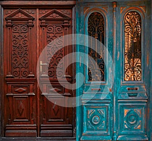 Ancient shabby blue and brown doors collage