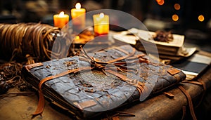 Ancient book, candle flame, old table, decoration generated by AI