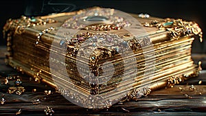 Ancient Book Golden Leaf Pages Holy Tome Bejeweled Almanac of Magick