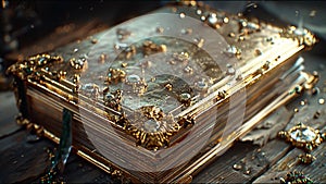 Ancient Book Golden Leaf Pages Holy Tome Bejeweled Almanac of Magick