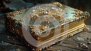 Ancient Book Golden Leaf Pages Holy Tome Bejeweled Almanac of Magick photo