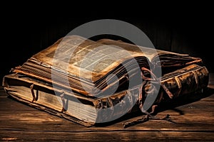 Ancient book on wooden table. Generate Ai