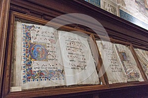 Ancient books in biblioteca Piccolomini of Siena Cathedral. Duomo, Siena, Tuscany, Italy.