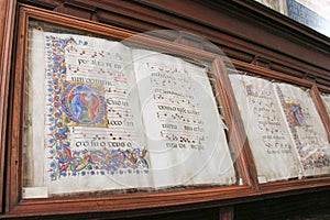 Ancient books in biblioteca Piccolomini of Siena Cathedral. Duomo, Siena, Tuscany, Italy.