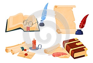 Ancient books and papyri with quills. Writing in ancient times. Vector illustration