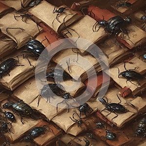 Ancient books pile, black beetles. Oil painting style. Generative AI