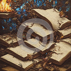 Ancient books pile burning with blue flames. Dry twigs and leaves. Oil painting style. Generative AI