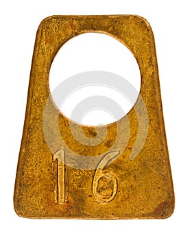 Ancient brass cloakroom label with number 16