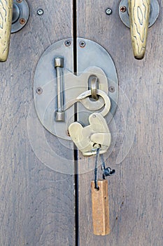 Ancient brass lock on wooden door