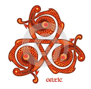 Ancient Breton triskelion vintage with Celtic knot pattern. Triple trickle Celtic spiral ornament. Old Nordic symbol. Ethnic magic