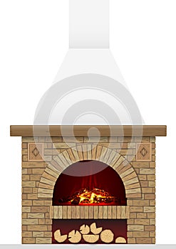 Ancient brick hearth with fire