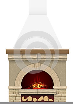Ancient brick hearth with fire