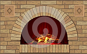Ancient brick hearth with fire