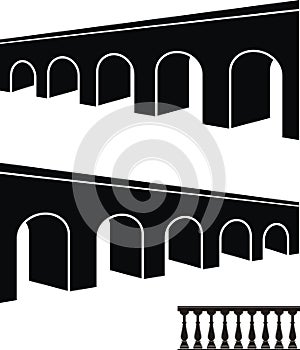 Ancient bridge black silhouettes and balustrade