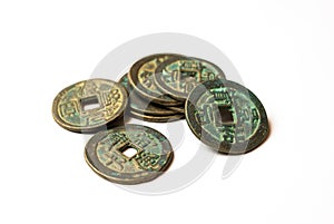 Ancient bronze coins of China on white