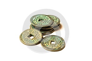 Ancient bronze coins of China on white