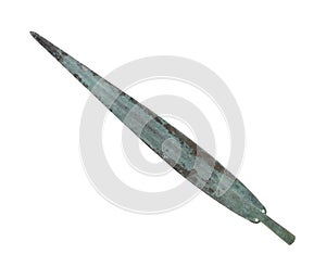 Ancient bronze spear point isolated.