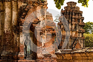 Ancient buddha statue in archaeological site at Wat Mahathat temple . old sculpture in history is a world heritage