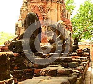 Ancient buddha statue at Mahathat temple, historic site in Ayuttaya province,Thailand. photo