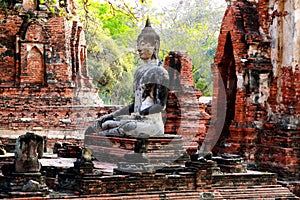 Ancient buddha statue at Mahathat temple, historic site in Thailand.