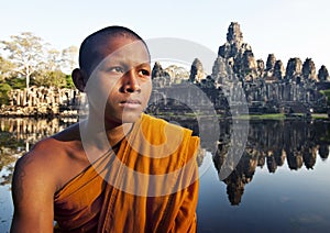 Ancient Buddhism Contemplating Monk Cambodia Concept photo