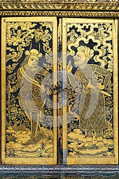 Ancient Buddhist Ayutthaya Style Golden Scripture Cabinet Paintings