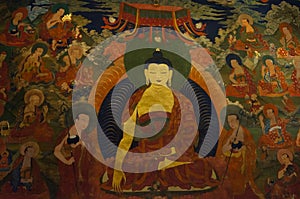 Ancient buddhist fresco at the wall of tibetan monastery, Hemis