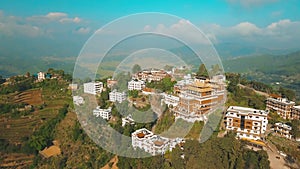 Ancient buddhist monastery in Himalayas Nepal from air
