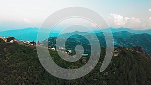 Ancient buddhist monastery in Himalayas Nepal from air