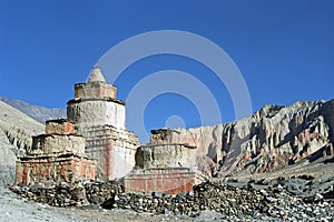 Ancient Buddhist ritual Stupas in the remote area in Upper Mustang.