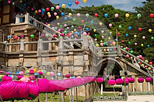 Ancient buddhist temple with lanterns