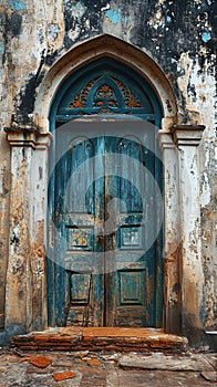 An ancient building door with chipped paint textures