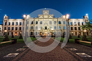 Ancient building of Igor Sikorsky Polytechnic University in Kyiv. KPI main building in the evening