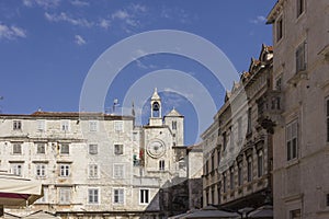 Ancient buildings in Narodni square in Split, with its famous tower clock