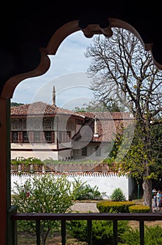 Ancient buildings of palace complex facing palace square of Bakhchisaray Palace, Bakhchisarai, central Crimea