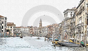 Ancient buildings and Rialto bridge in Canal Grande, Venice, Italy