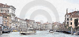 Ancient buildings and vaporetto in Canal Grande, Venice, Italy