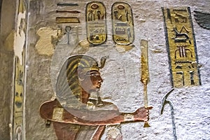 Ancient burial chambers for Pharaohs with hieroglyphics at the valley of the kings, Luxor, Egypt.