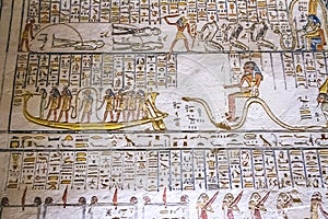 Ancient burial chambers for Pharaohs with hieroglyphics at the valley of the kings, Luxor, Egypt.