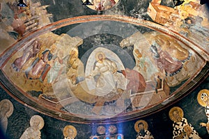Ancient byzantine fresco of Jesus, Adam and Eve in church of saint chora in constantinople, ISTANBUL, TURKEY