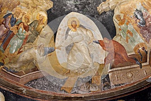 Ancient byzantine fresco of Jesus, Adam and Eve in church of saint chora in constantinople, ISTANBUL, TURKEY